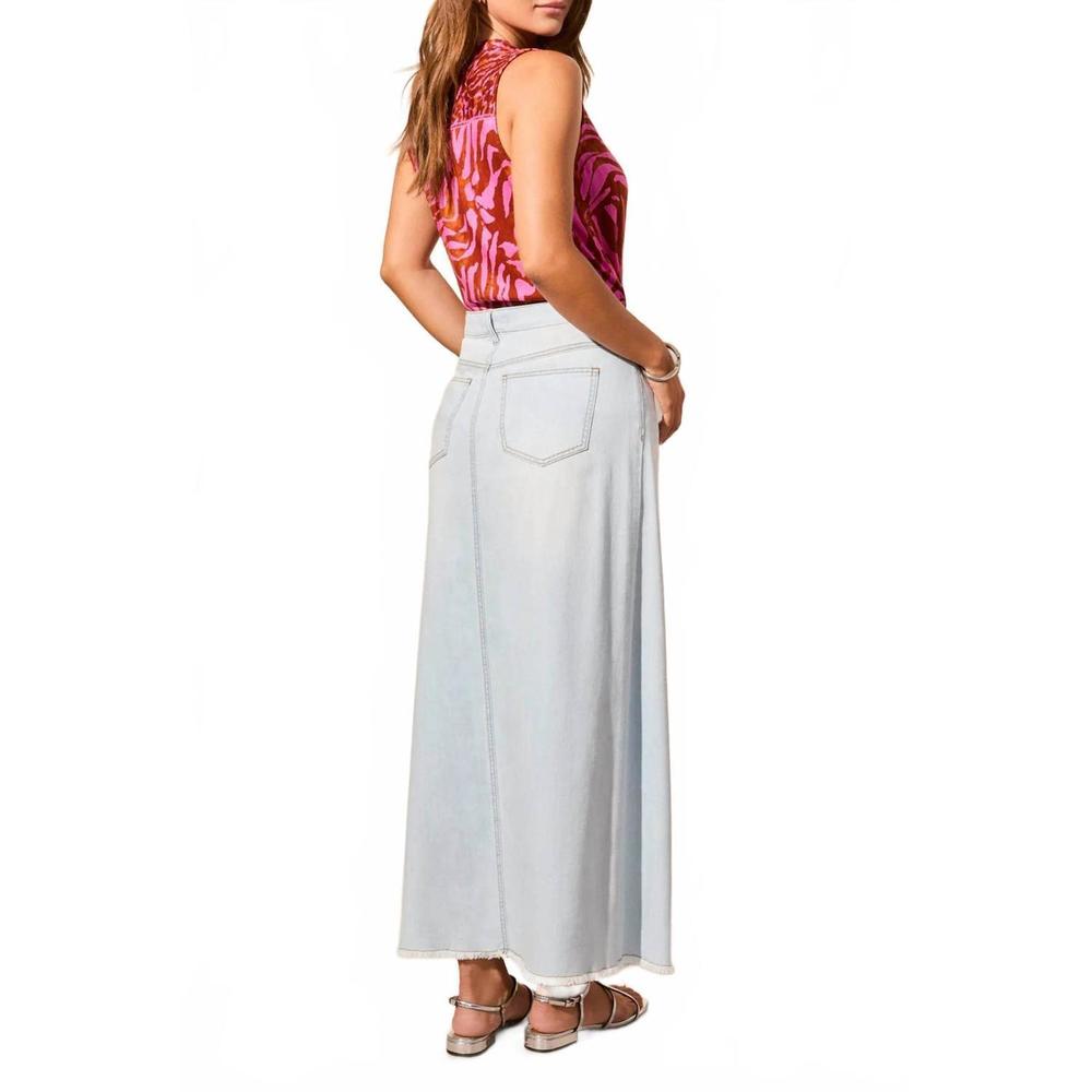 NEW TRIBAL full length denim skirt w/pockets and slit in blue white - Picture 3 of 4